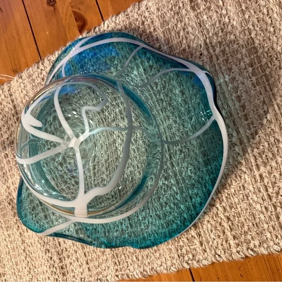 Handblown Aqua Blue Sombrero Freeform Abstract Art Glass Decorative Bowl